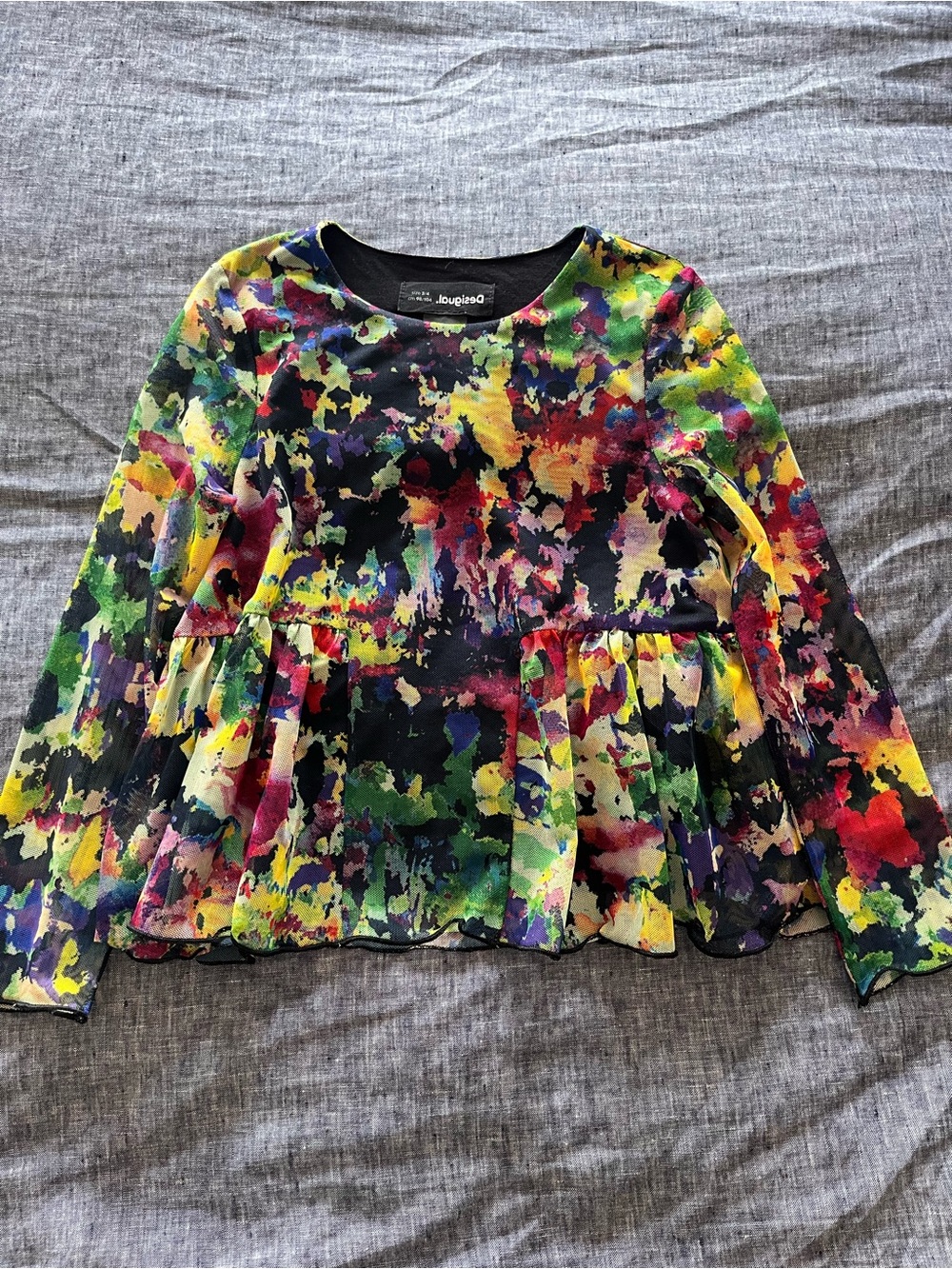 Desigual Multicolor Abstract Splash Long-Sleeve Peplum Top